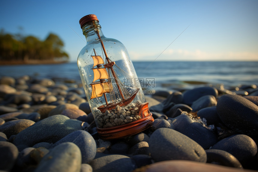 海滩上的漂流瓶图片
