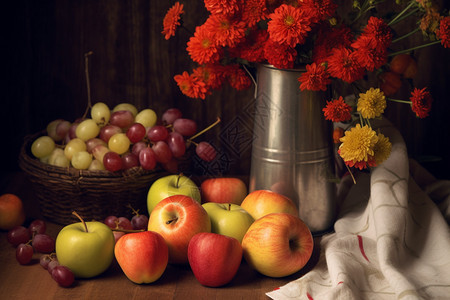 桌上的水果和鲜花图片