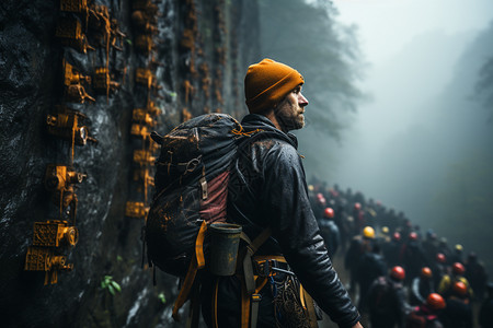 攀登陡峭悬崖的登山者图片