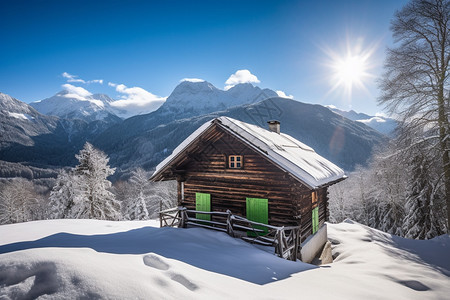 雪山上的农舍图片