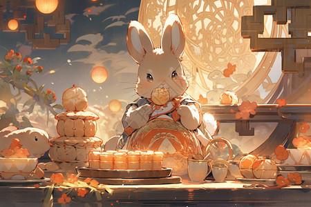 中秋节兔子吃月饼图片