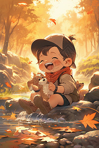温馨动物小男孩在河岸边享受秋天美景插画