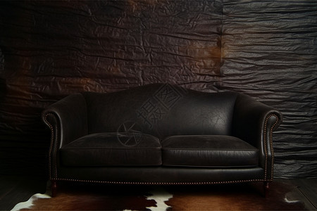 黑色皮革墙纸前的棕色牛皮沙发背景图片