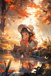 秋季落日中的女孩图片