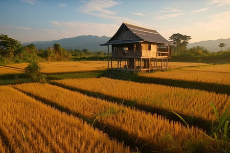 稻田中的小茅屋背景