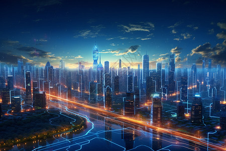 闪耀的未来城市夜景图片