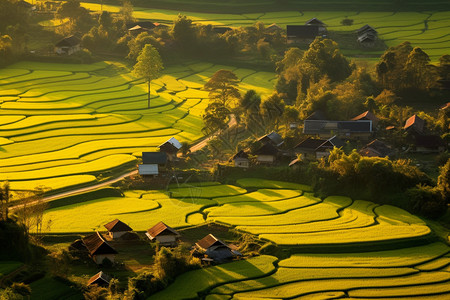 梯田风光生机勃勃的稻田背景