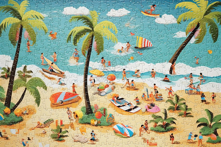 夏季热闹的度假沙滩拼图图片