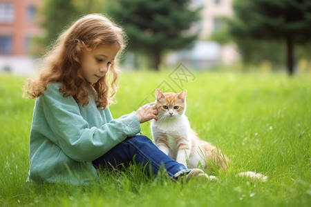 草地上的小猫和小女孩图片