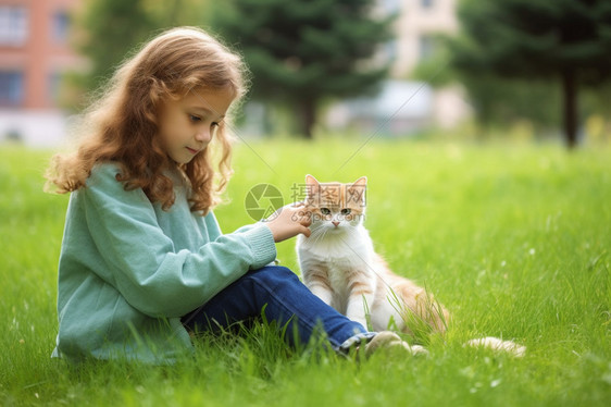 草地上的小猫和小女孩图片