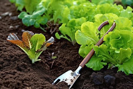 土壤中的蔬菜和园林工具高清图片