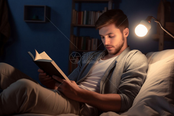 夜晚家庭阅读的男士图片