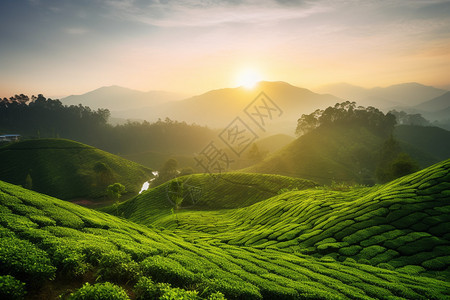 薄雾弥漫的茶园图片