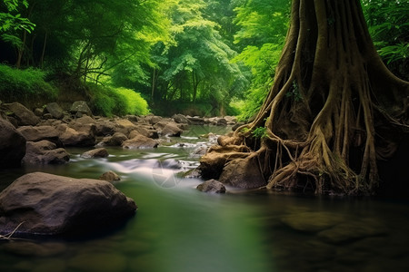 森林中缓缓流淌的小溪流图片