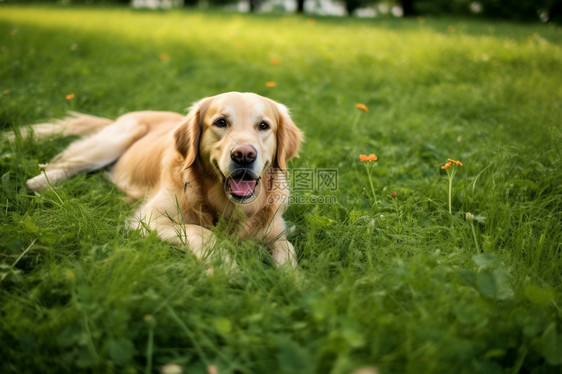 草地上可爱的金毛犬图片