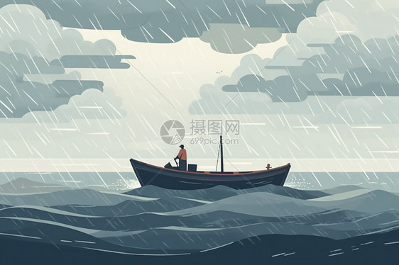 下雨天海上的渔船插图图片