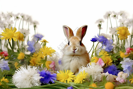 宠物兔子在花丛中图片