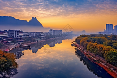 建筑剪影夕阳下的美景背景