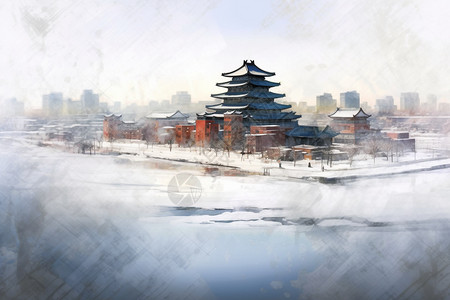 风雪中的中式建筑插画图片