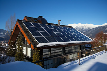 雪山中房屋的太阳能电伏板图片
