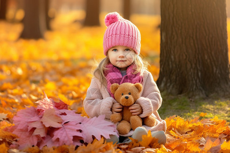 小女孩坐在枫叶上图片