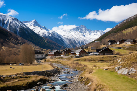 美丽的雪山和山谷小镇图片