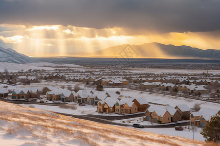 阳光下被雪覆盖的小镇图片