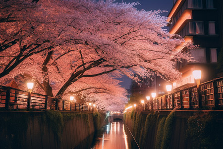 东京食种种了美丽樱花的东京街背景