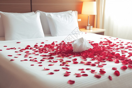 撒满玫瑰花的大床图片