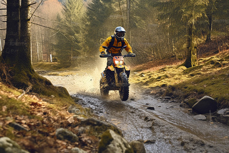 秋天泥泞山路中骑行摩托车的人背景图片