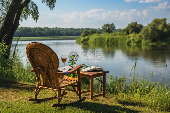 夏季乡村度假场景的藤椅图片