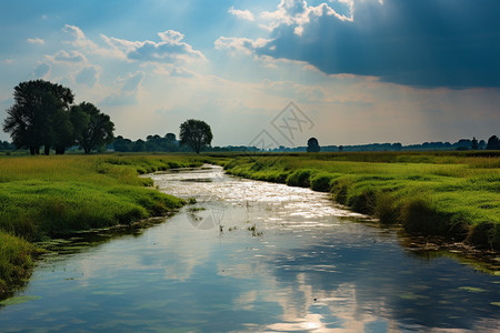 夏季乡村草原河流的美丽景观图片