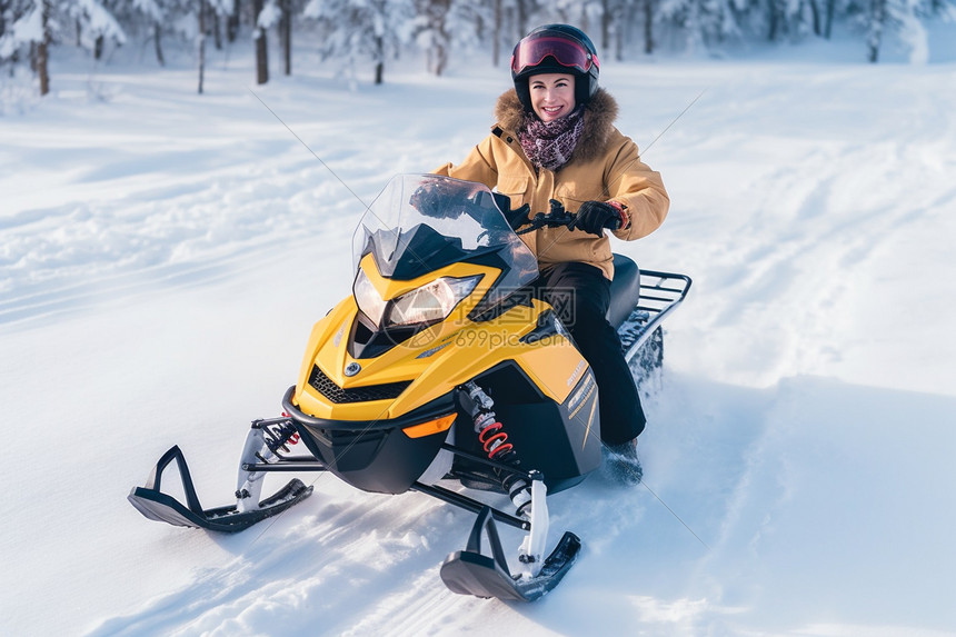户外雪地骑行雪地摩托的女子图片