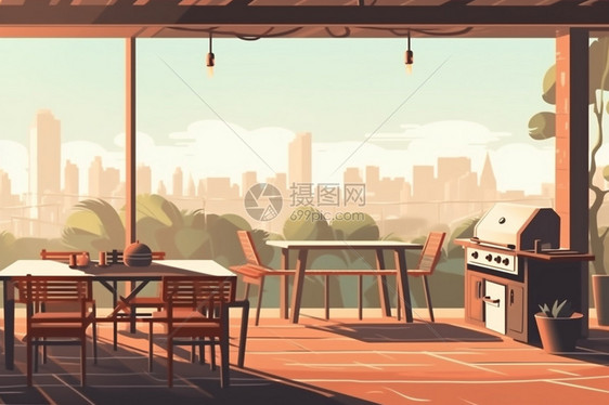 夏季露天阳台的餐厅平面插图图片