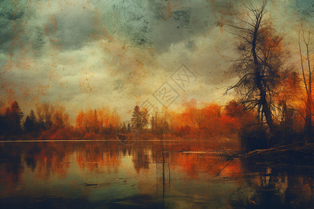 复古森林湖泊景观插图图片