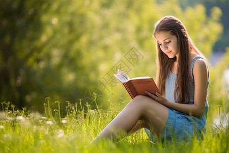 女孩在户外阅读图片