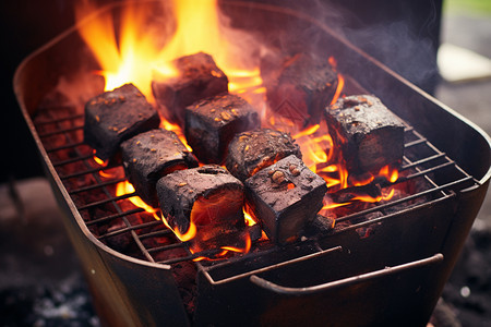 野营烧烤炉中的炭火图片