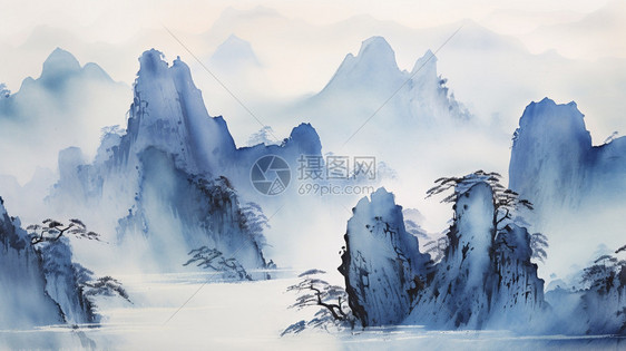 山间河流水墨画图片