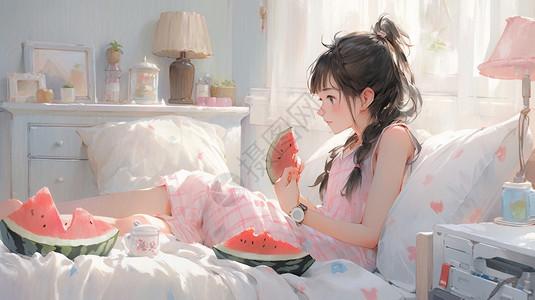 夏天卧室床上悠闲吃西瓜的女孩背景图片