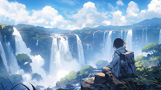 动漫俯视图.探索森林景观的女孩插画