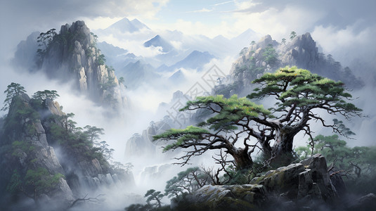黄山自然风景的水墨画背景图片