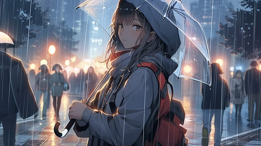 动漫风格撑伞的美少女插图背景图片