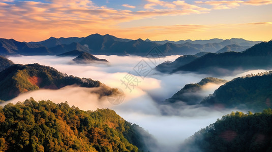 薄雾笼罩的山间景观图片