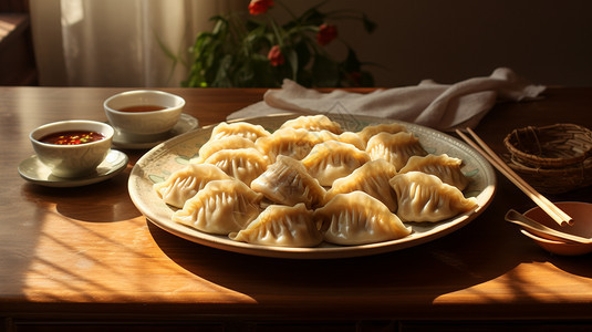 餐桌上的中式饺子图片