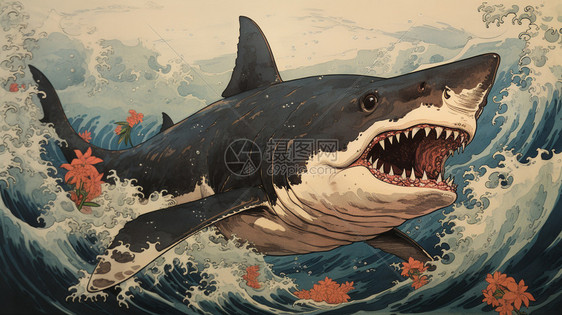 海洋中凶猛的黑鲨平面插图图片