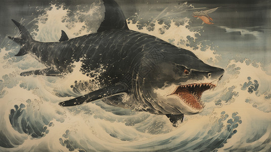 手绘凶猛的黑鲨平面插图高清图片