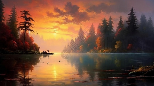 森林湖泊的平面插图图片