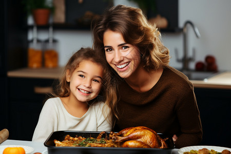 和母亲吃烤鸡的小女孩背景图片