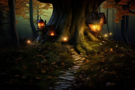 梦幻的林中小屋高清图片