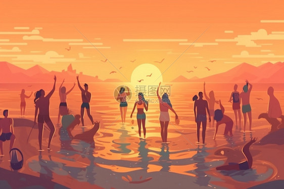 日落时沙滩派对平面插图图片